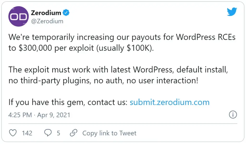 Zerodium twitter post